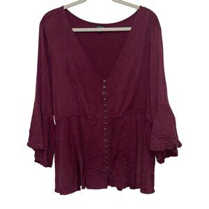 Torrid Burgundy Boho Peasant Top W/ Bell Sleeves & Hook Closure Womens Size 4X
